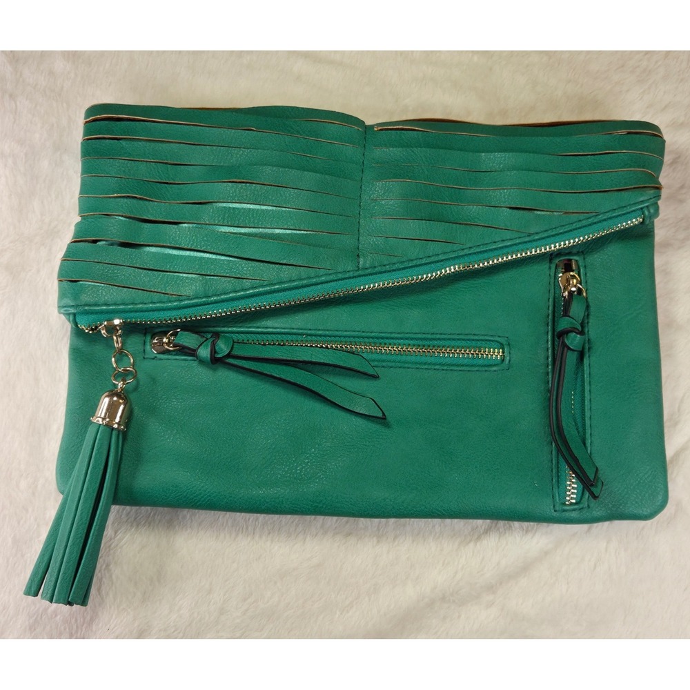 Urban Expressions Womens Fringed Foldover Clutch Purse Green Vegan Leather Large